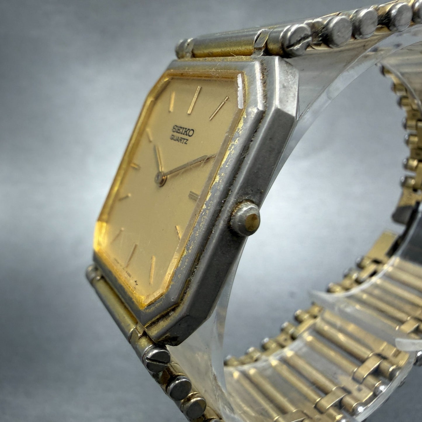 Seiko Tank Watch Men 25mm Champagne Dial Gold Tone 7430-5819 New Battery Vintage2