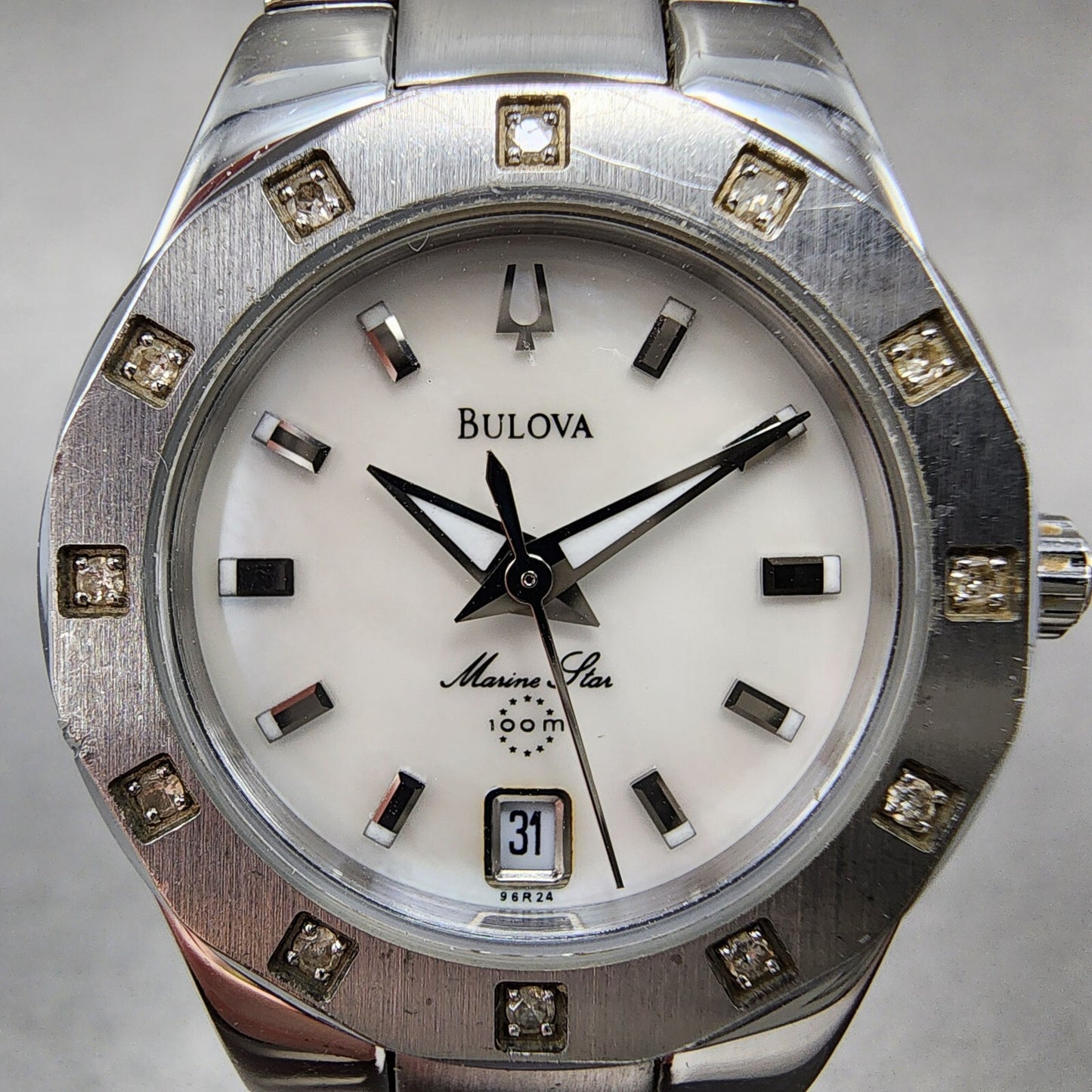 Bulova Marine Star Watch Women 25mm MOP Dial Silver Tone Date 96r24 New Battery1
