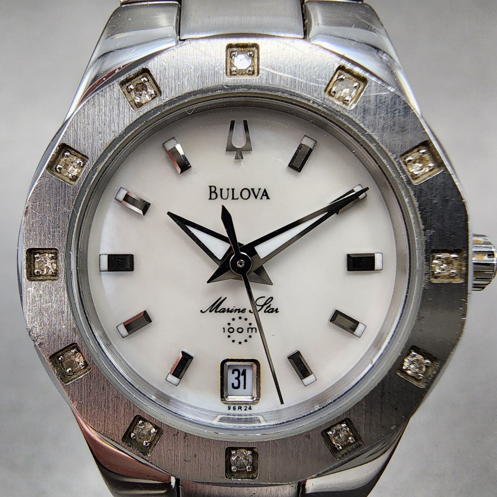 Bulova Marine Star Watch Women 25mm MOP Dial Silver Tone Date 96r24 New Battery1