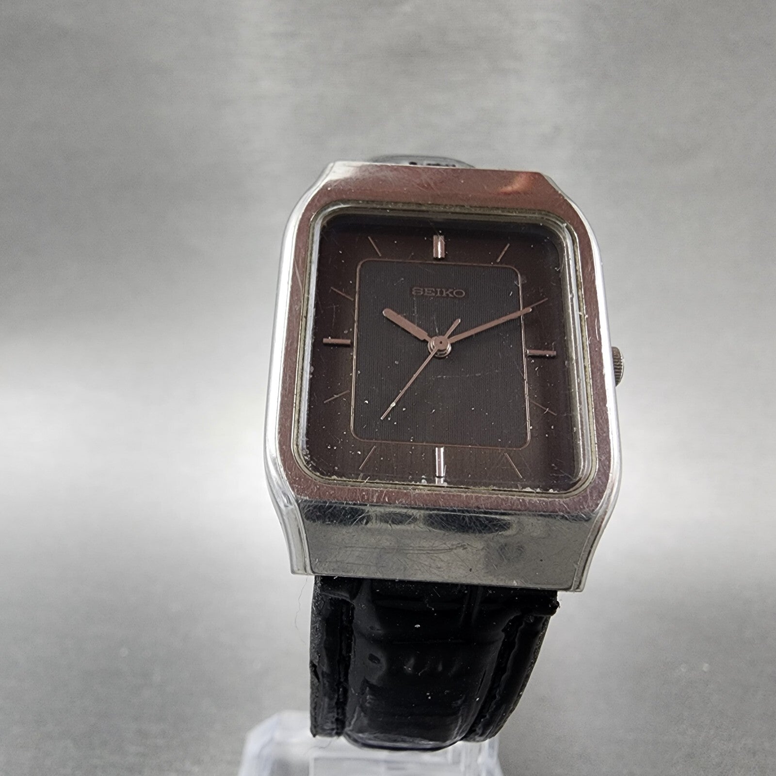 VTG Seiko Tank Watch Women 25mm Black Dial Silver Tone Rectangle 5P315020 PARTS6