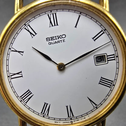 Seiko Watch Men 31mm White Dial Gold Tone Date READ!!!!!!! 5Y39-7010 New Battery1
