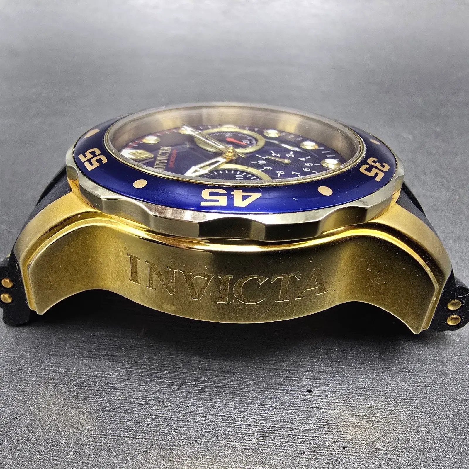 Invicta Pro Diver Chronograph Watch Men 48mm Blue Dial Gold Tone 21929 PARTS4
