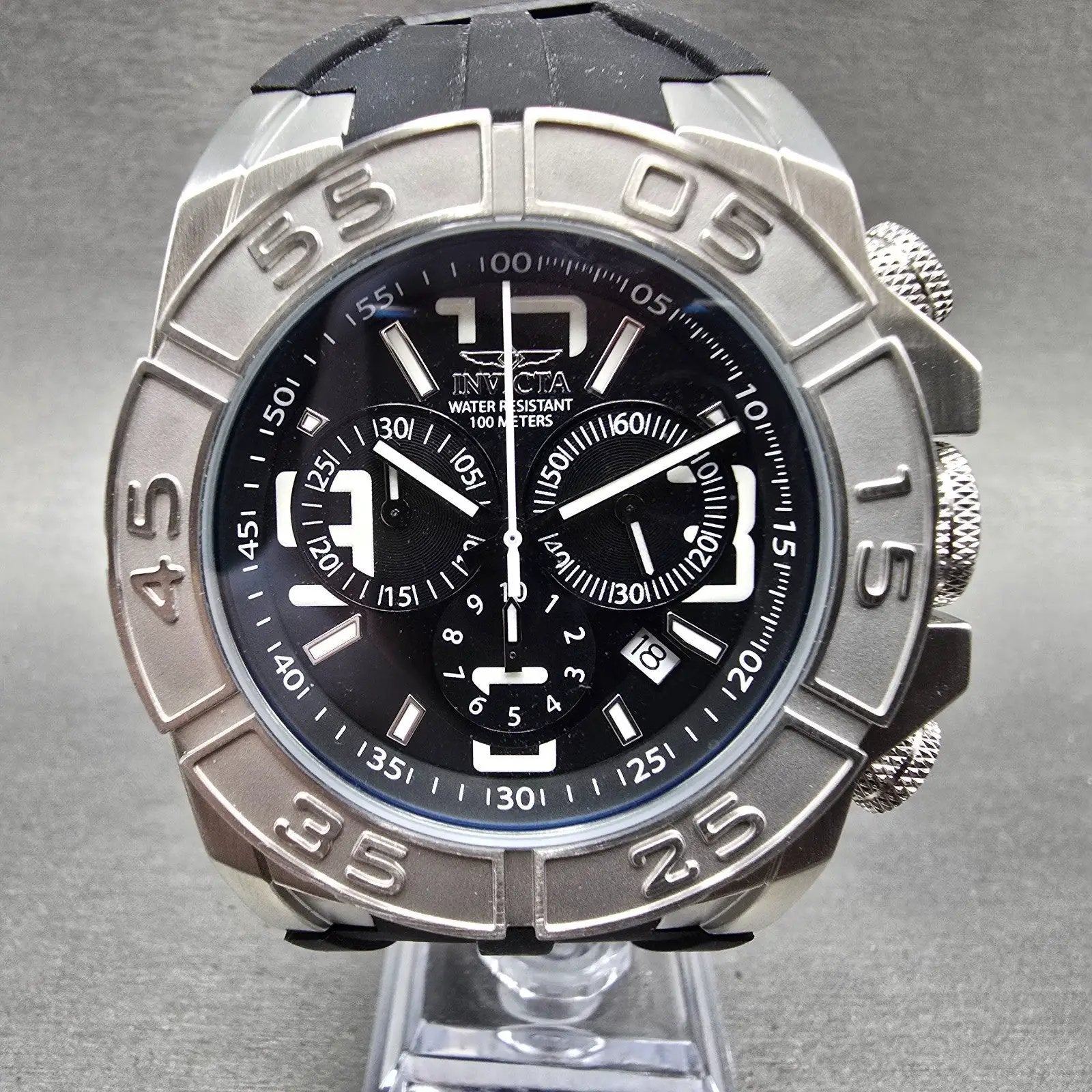Invicta Chronograph Dive Watch Men 44mm Black Dial Silver Tone 1608 New BatteryL1