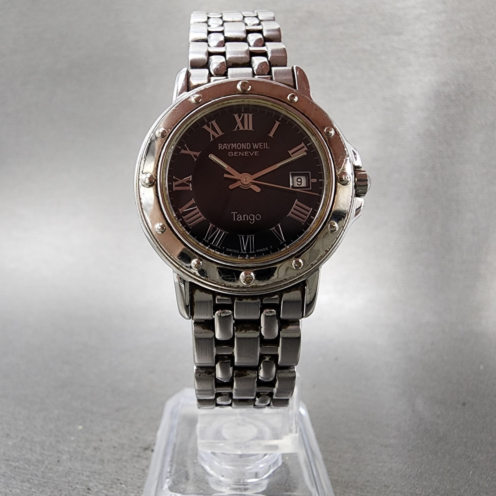 Raymond Weil Tango Watch Women 28mm Black Dial Silver Tone Date 5360 New Battery5