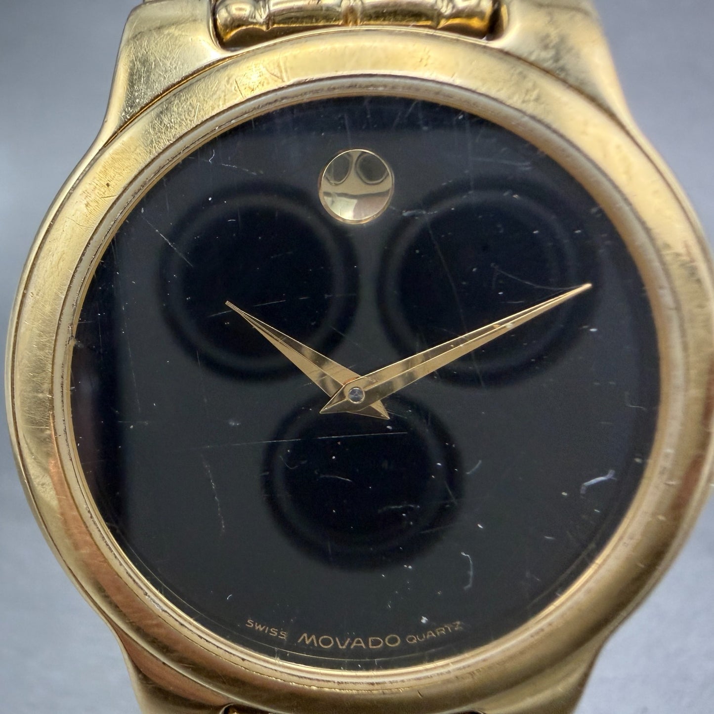 Movado Museum Watch Men 34mm Black Dial Gold Tone Round 88-E4-9885 New Battery1