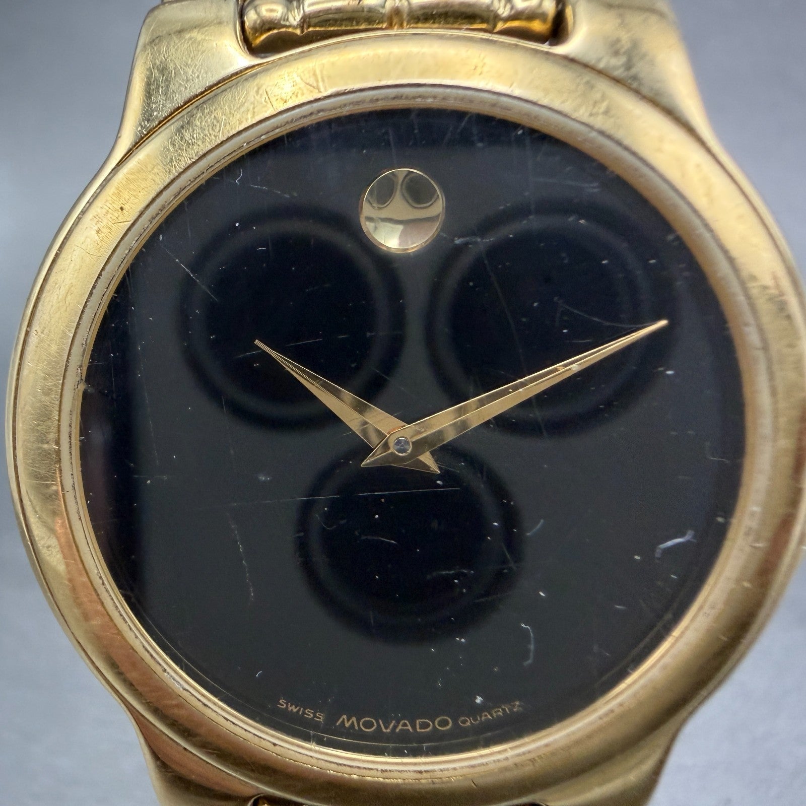Movado Museum Watch Men 34mm Black Dial Gold Tone Round 88-E4-9885 New Battery1