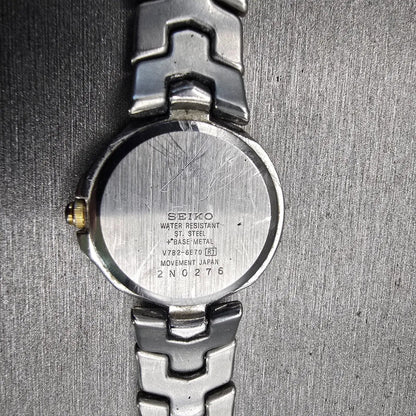 Seiko Watch Women 25mm White Dial Two Tone Date Round V782-6E70 New Battery VTG10