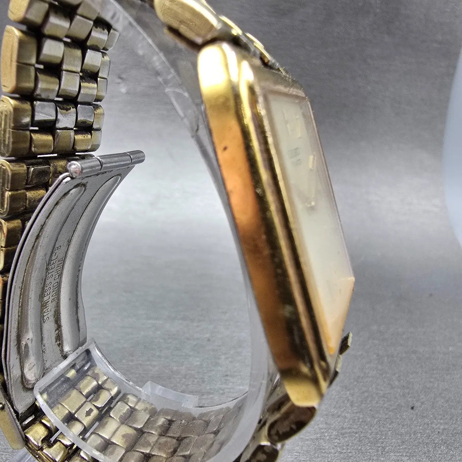 Seiko Watch Men 27mm Champagne Dial Gold Tone Date Rectangle 7N29-5B29 PARTS4