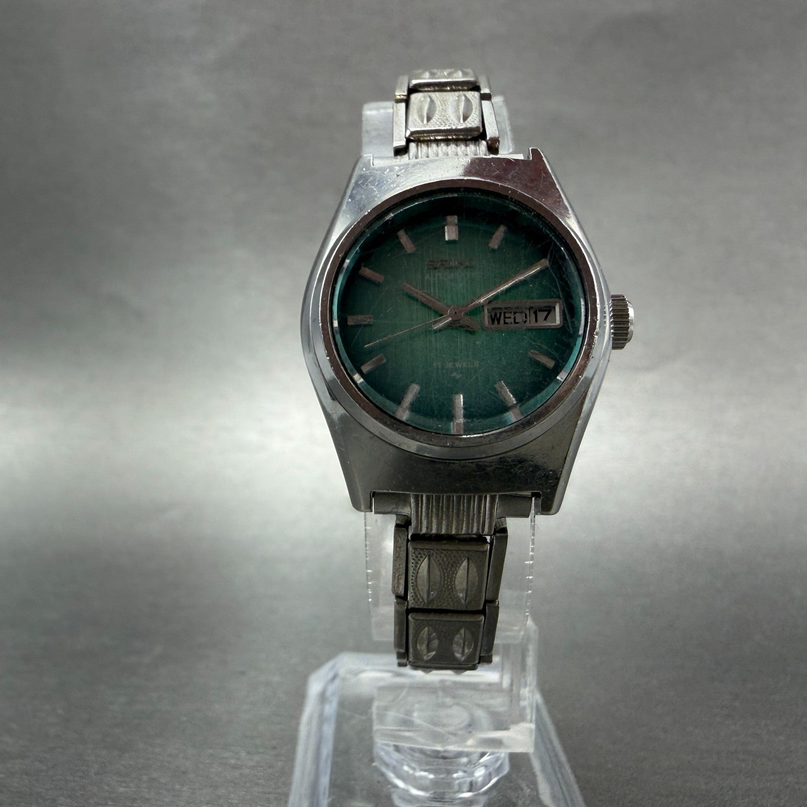 Seiko Automatic Watch Women 25mm Green Dial Silver Tone Daydate 2206-0610 Runs5