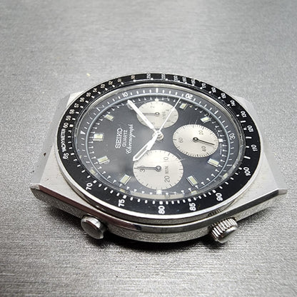 Seiko Chronograph Watch Men 41mm Black Dial Silver Tone READ!! New Bat 7A2870393