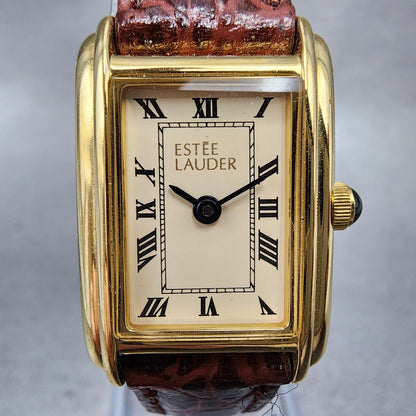 Estee Lauder Tank Watch Women 18mm cream Dial Gold Tone Rectangle New Battery1