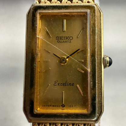 Seiko Exceline Watch Women 14mm Gold Dial Gold Tone Rectangle 8420-6540 New Batt1