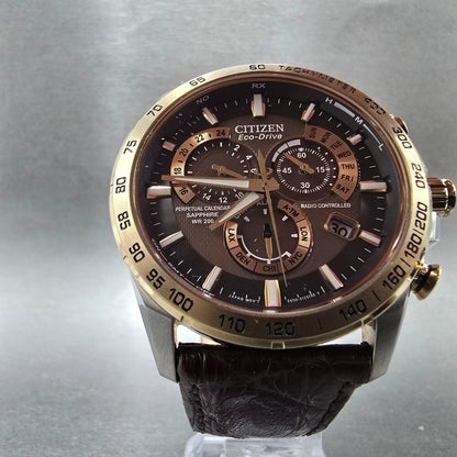 Citizen Eco-Drive Chronograph Watch Men 42mm Brown Dial Two Tone Date AT4006-06X5
