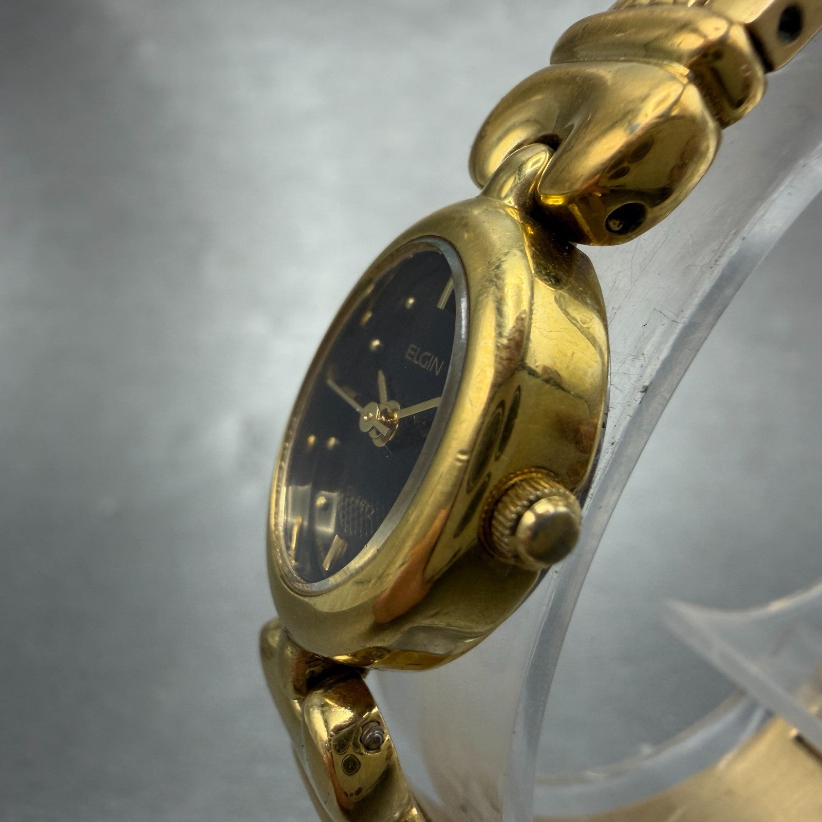 Elgin Watch Women 16mm Black Dial Gold Tone Oval ELB76-017 New Battery2
