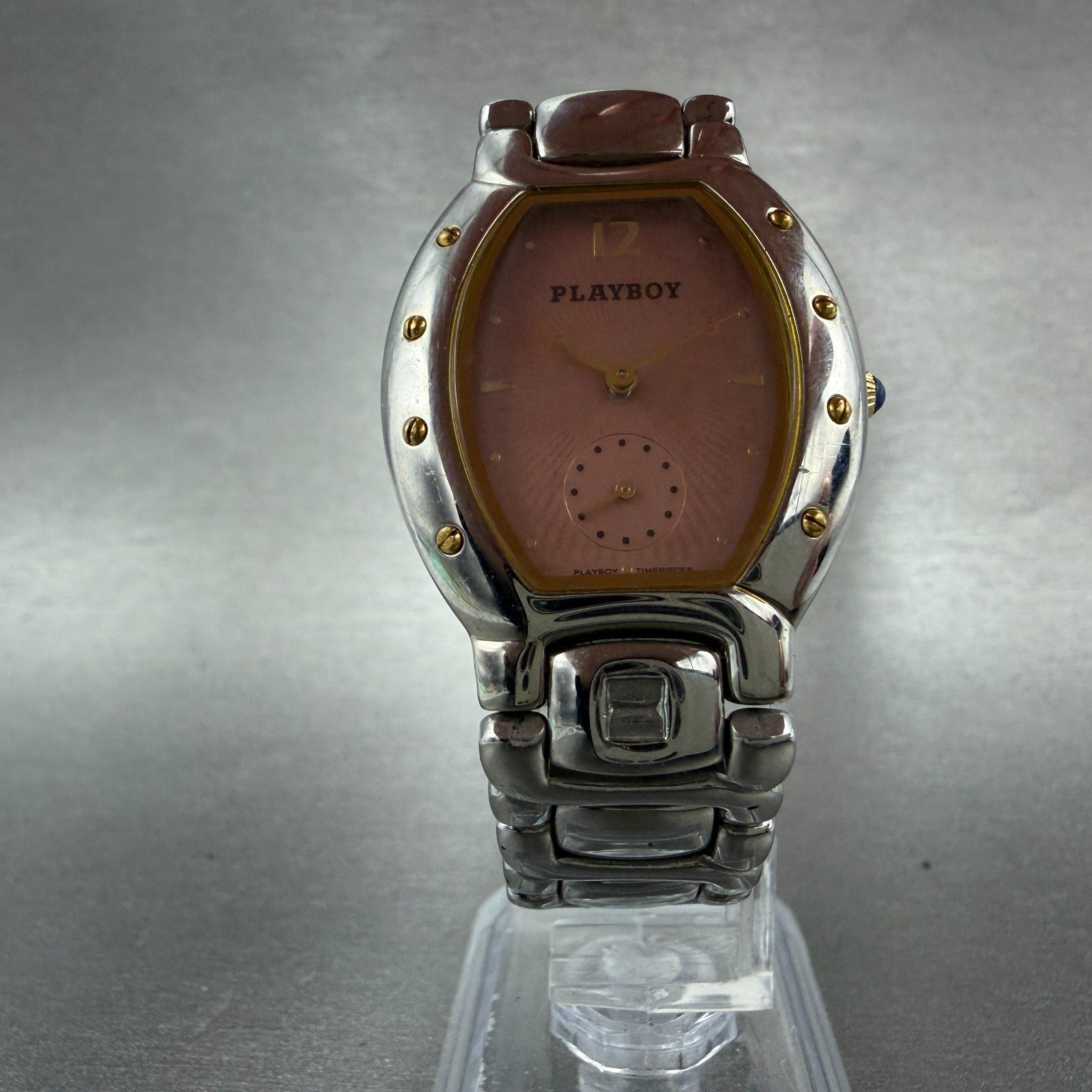 Playboy Watch Unisex 29mm Pink Dial Silver Tone Oval Small Seconds New battery5