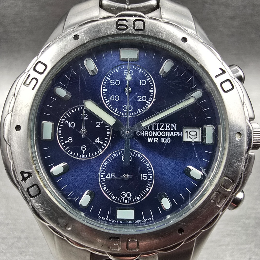 Citizen Chronograph Watch Men 41mm Blue Dial Silver Tone 0510-S92294 New Batt KF1