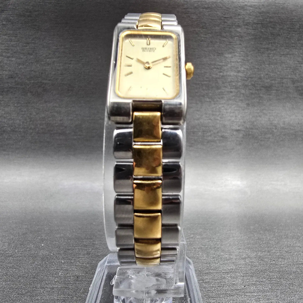 Seiko Watch Women 14mm Champagne Dial Two Tone Rectangle 1F20-5D30 New Battery5