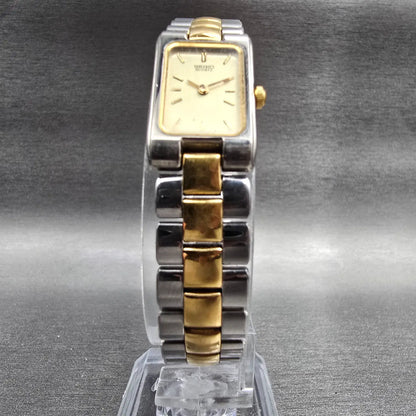Seiko Watch Women 14mm Champagne Dial Two Tone Rectangle 1F20-5D30 New Battery5