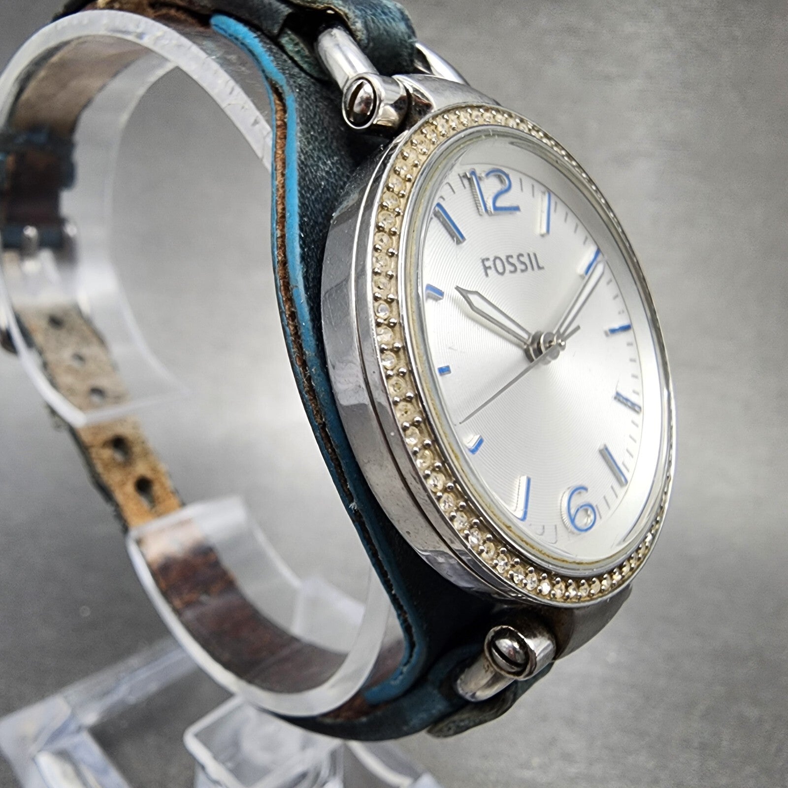 Fossil Georgia Watch Women 32mm Silver Dial Silver Tone Crystal Bezel New Batt3