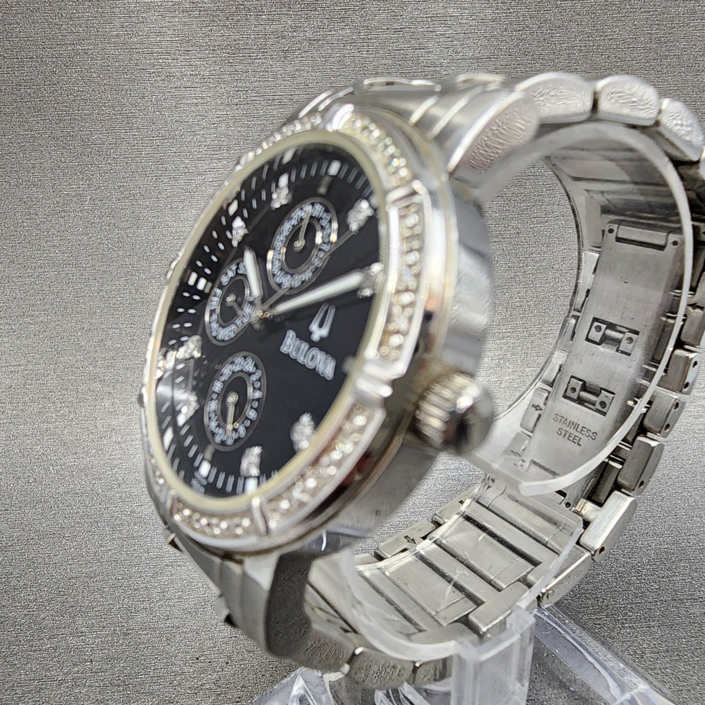 Bulova Watch Men 39mm Black Dial Silver Tone Daydate Round Diamonds 96E04 NewBat2