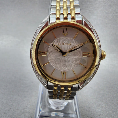 Bulova Diamond Watch Women 30mm Silver Dial Two Tone Diamond Bezel Round 98R2961