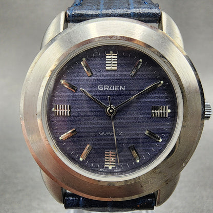 Gruen Watch Men 34mm Blue Dial Silver Tone Round Leather Band New Battery