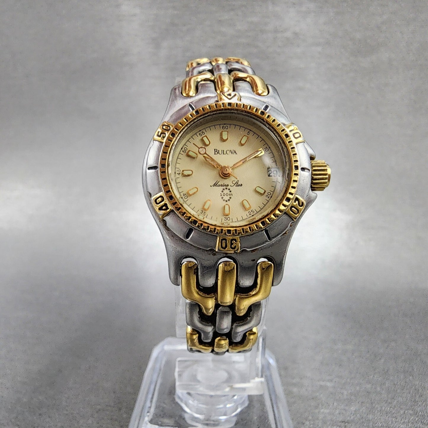 Bulova Marine Star Dive Watch Women 25mm Cream Dial Two Tone Date Round New batt5