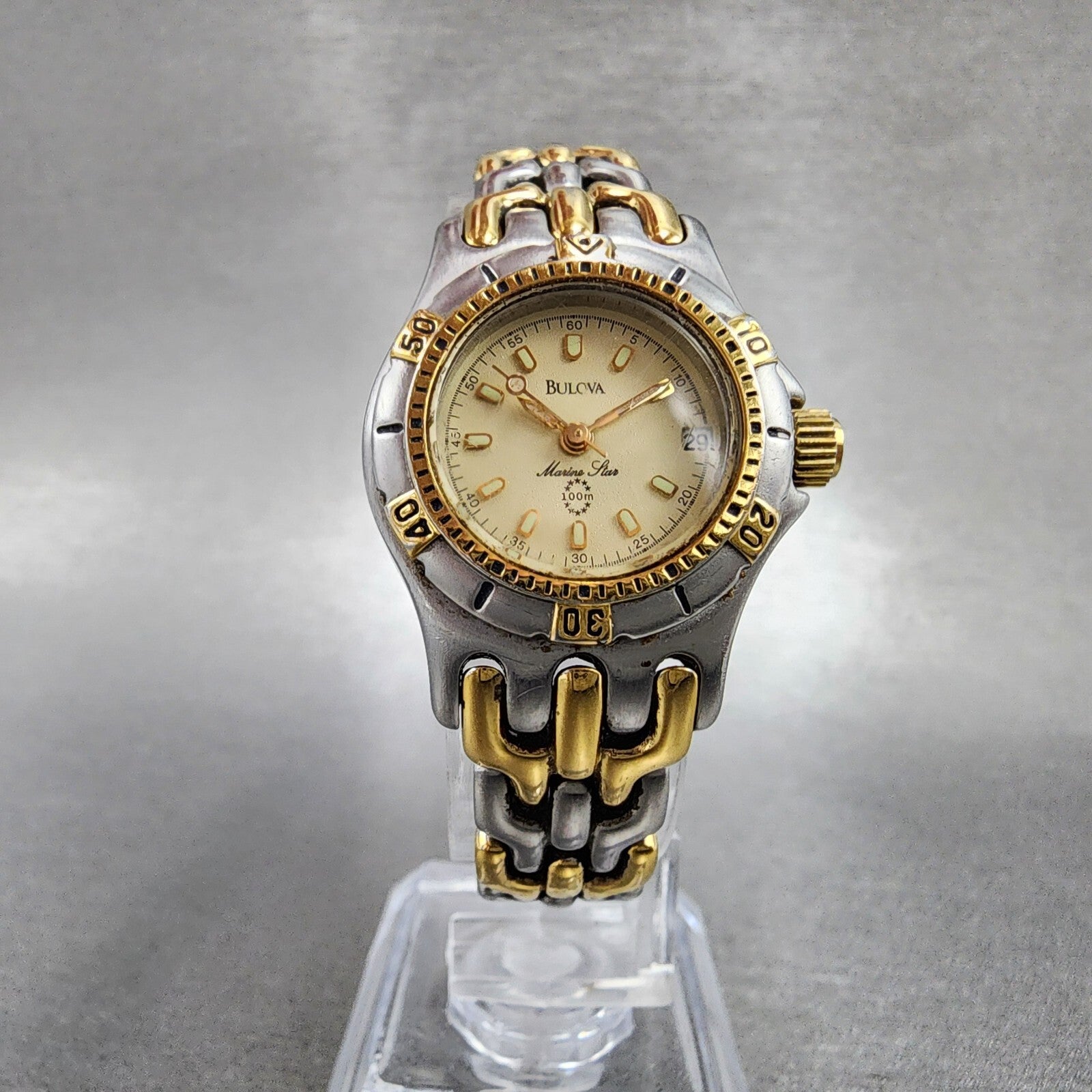 Bulova Marine Star Dive Watch Women 25mm Cream Dial Two Tone Date Round New batt5
