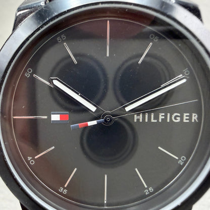 Tommy Hilfiger Watch Men 42mm Black Dial Black Tone Round Leather Band New Batt1