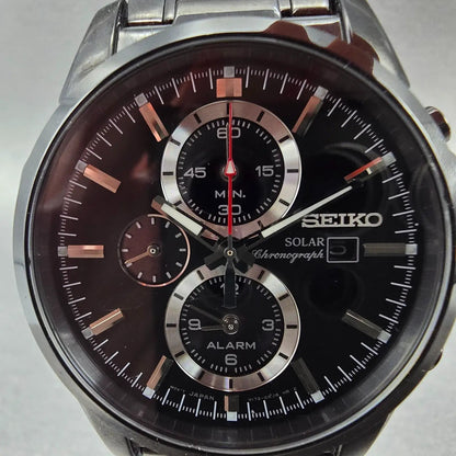 Seiko Chronograph Watch Men 44mm Black Dial Black Date Solar Alarm Works SSC0951