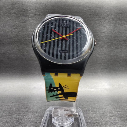 Swatch Pinstripe Watch Men 34mm Black Dial Black Round GA102 New Battery6