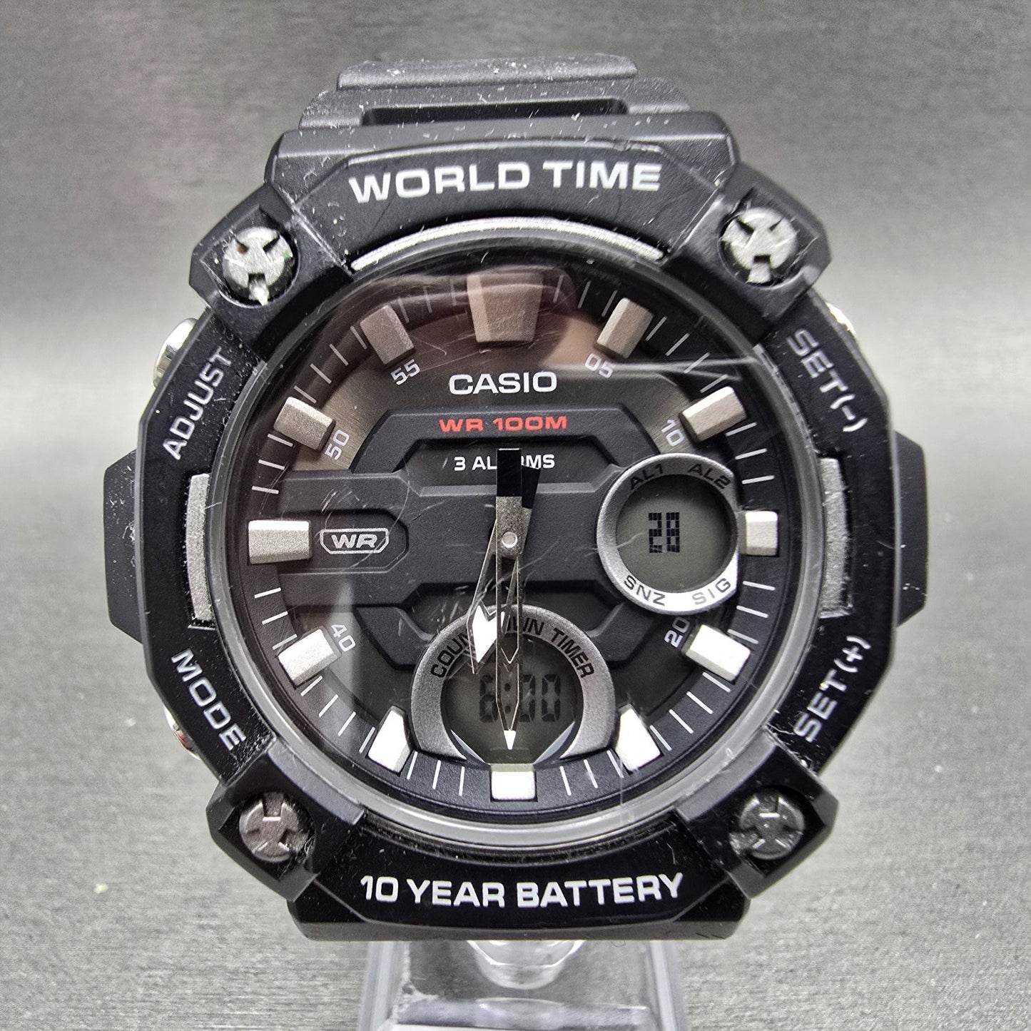 Casio World Time AEQ-120 Watch Men 52mm Black Alarm Chronograph Round New Batt0