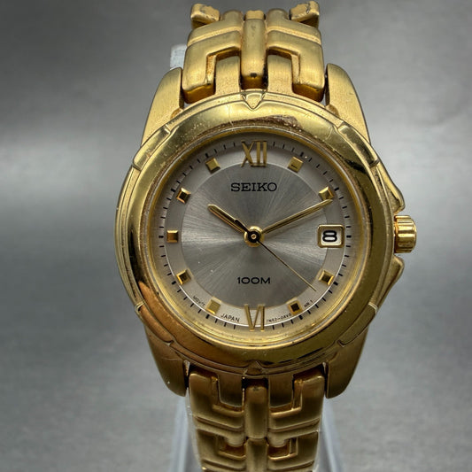 Seiko Watch Women 26mm Silver Dial Gold Tone Date Round 7N82-0AM0 New Battery0