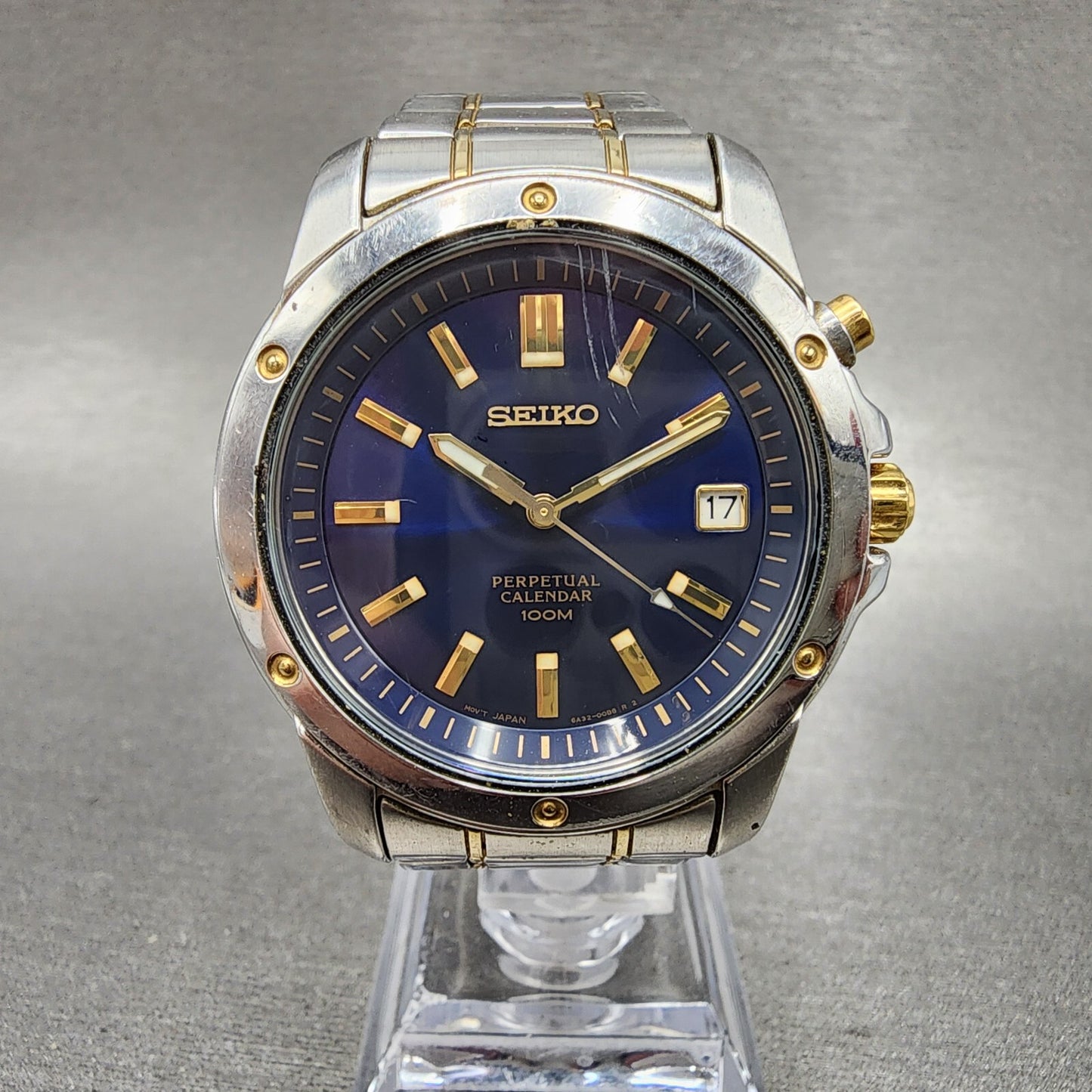 Seiko Perpetual Calendar Watch Men 39mm Blue Dial two Tone Date 6a3200b0 NewBat0