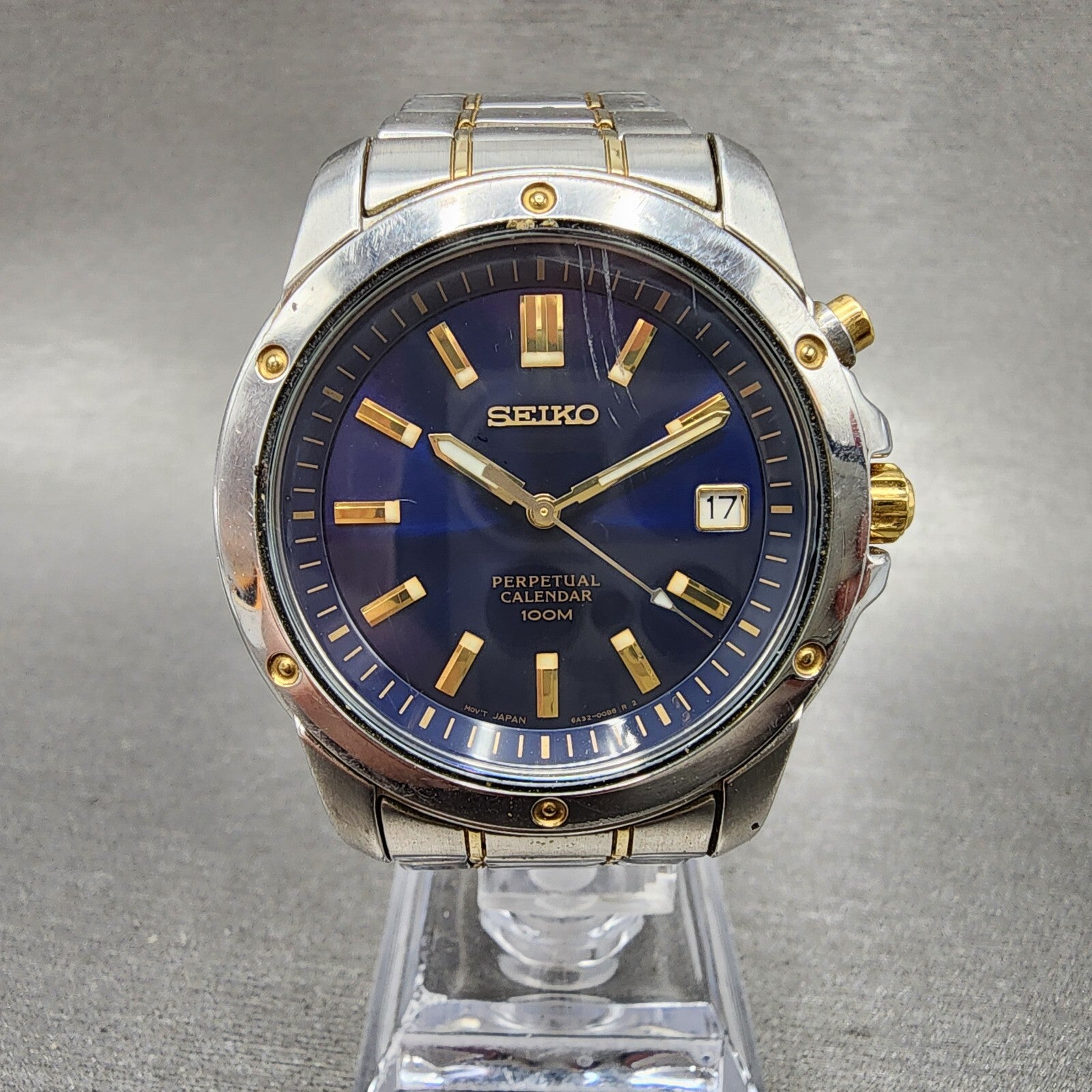 Seiko Perpetual Calendar Watch Men 39mm Blue Dial two Tone Date 6a3200b0 NewBat0