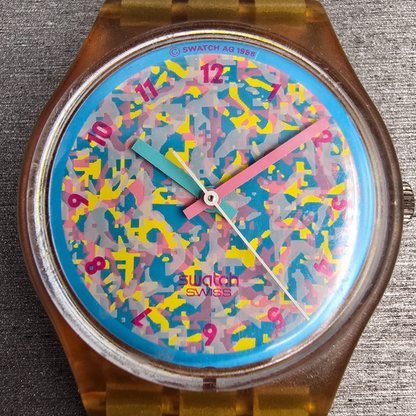 Swatch Rosehip Watch Women 34mm Blue Dial Clear Case Round GP100 New Battery1