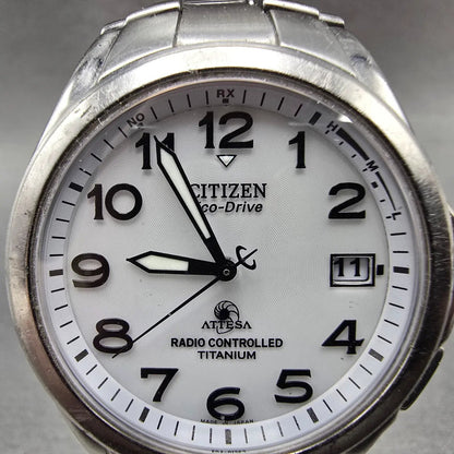 Citizen Eco-Drive Attesa Watch Men 38mm White Dial Titanium Atomic Date PARTS!!!2