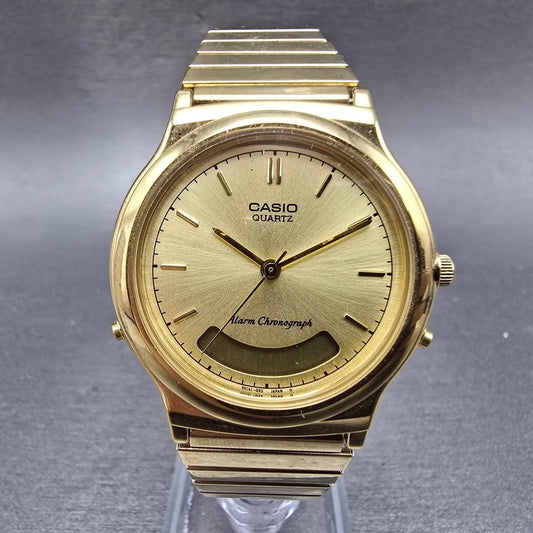 Casio Analog Digital Watch Men 35mm Champagne Dial Gold Tone Alarm Chrono PARTS0