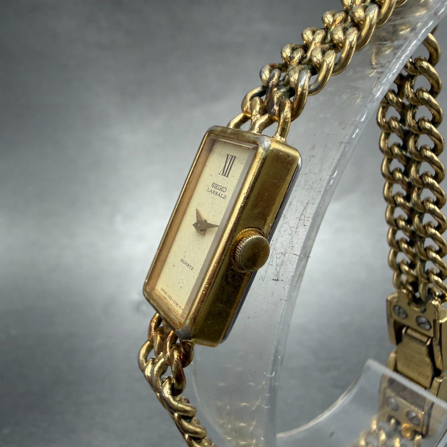 Seiko Lassale Tank Watch Women 12mm Champagne Dial Gold Tone 1320-5259 New Batt2