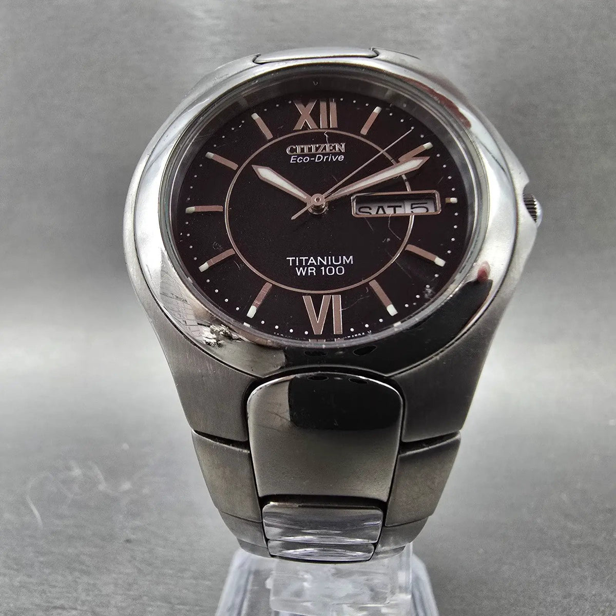 Citizen Eco-Drive Watch Men 36mm Black Dial Titanium Daydate E100-K18434 Runs5