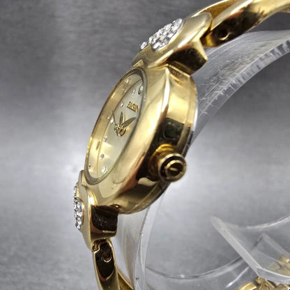 Elgin Watch Women 22mm Champagne Dial Gold Hearts Crystals Round Bangle New Batt2