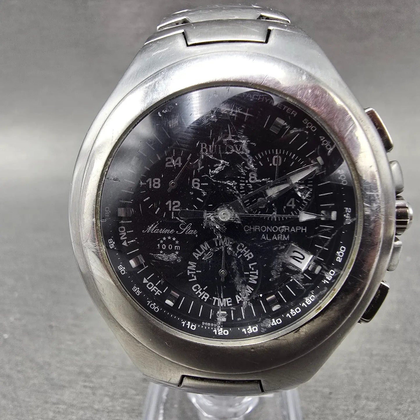 Bulova Marine Star Chrono Alarm Watch Men 39mm Black Dial Steel 96B99 NewBattery1