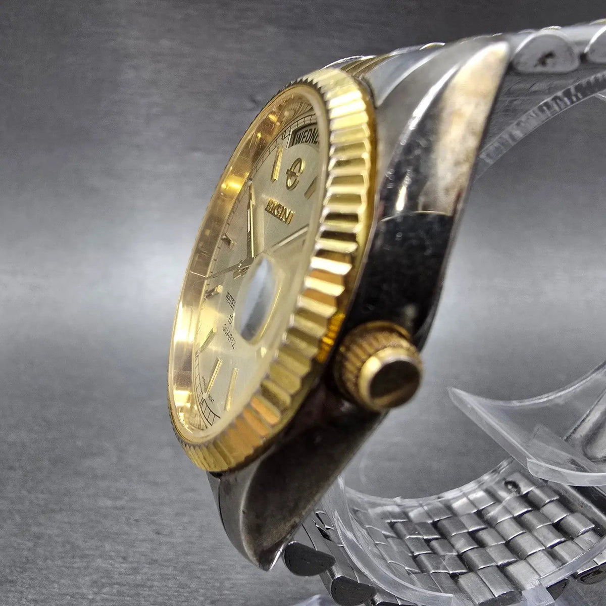 Elgin President Watch Men 38mm Champagne Dial Two Tone Daydate Round New Battery2