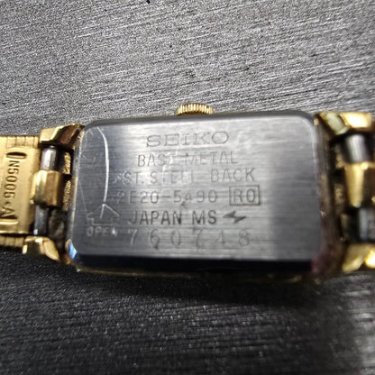 Seiko Watch Women 12mm Black Dial Gold Tone Rectangle 2E20-5490 New Battery VTG10