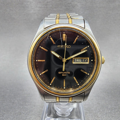 Seiko Sport 50 Watch Men 37mm Black Dial Two Tone Daydate 7n43-9a00 New Battery