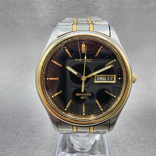 Seiko Sport 50 Watch Men 37mm Black Dial Two Tone Daydate 7n43-9a00 New Battery