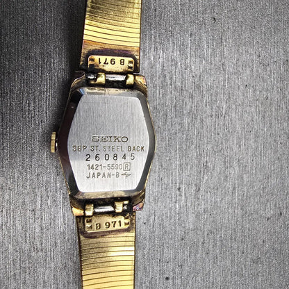 Seiko Watch Women 17mm Gold Dial Gold Tone Hexagon 1421-5590 New Battery Vintage10