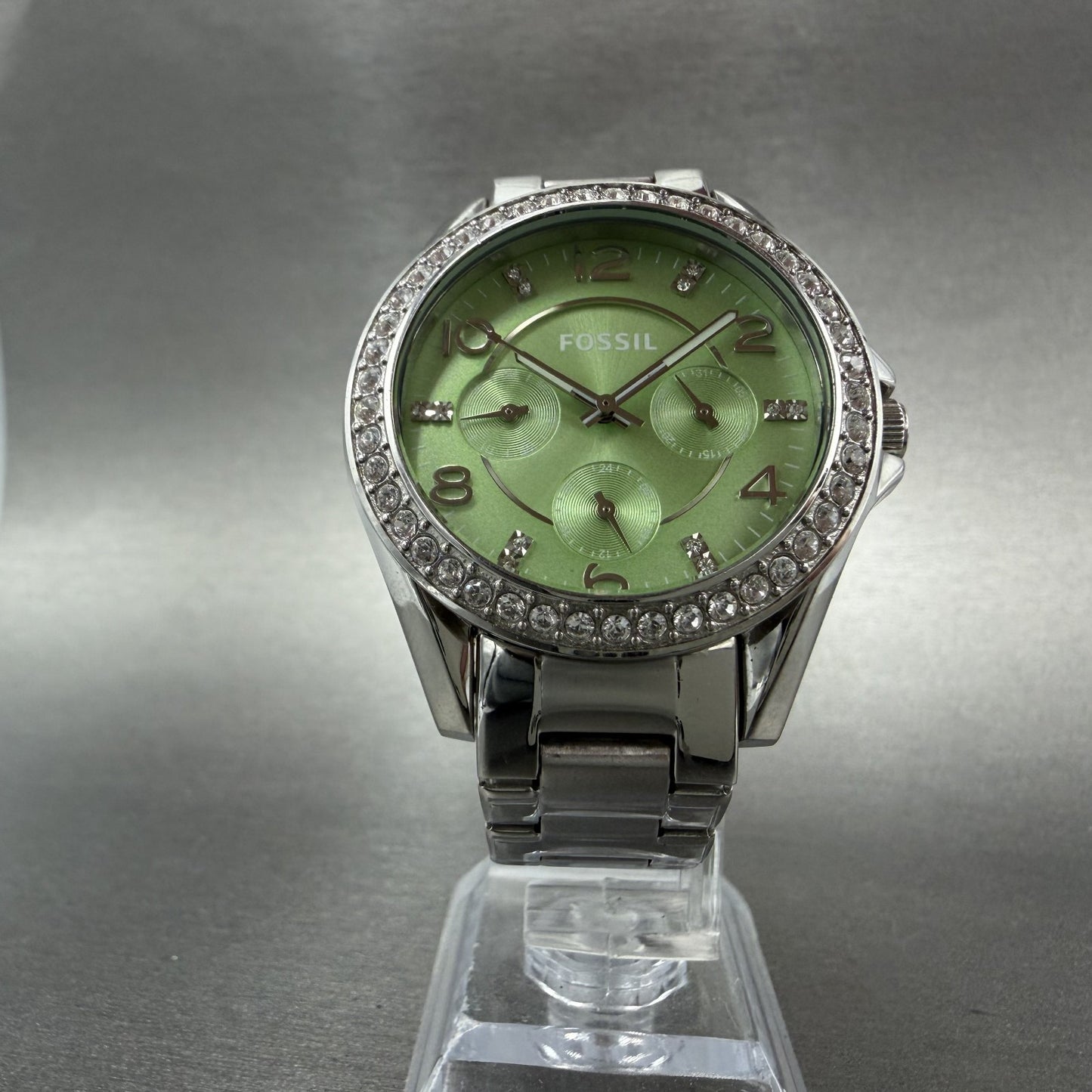 Fossil Riley Watch Women 39mm Green Dial Silver Tone Daydate Round ES3725 NewBat6