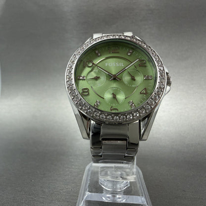 Fossil Riley Watch Women 39mm Green Dial Silver Tone Daydate Round ES3725 NewBat6
