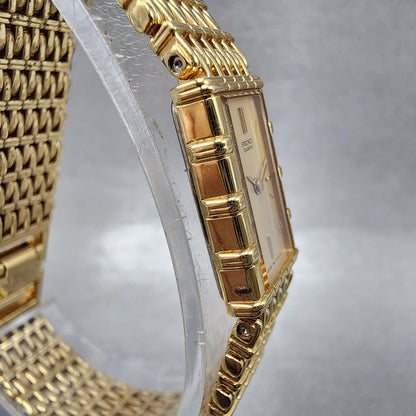Seiko Tank Watch Women 12mm Champagne Dial Gold Tone 2e205079 New Battery3